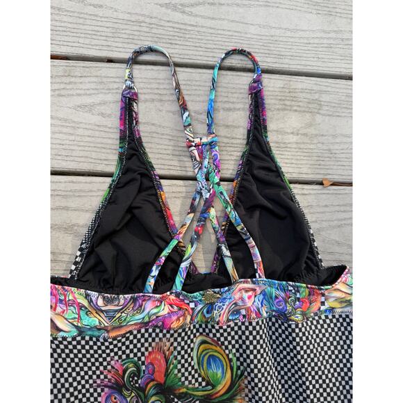 Agua Bendita Dress Maxi Tiered Ruffle Check Multicolor Plumaje Strappy Back L - Picture 6 of 8